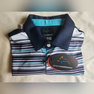 Greg Norman Collection Men's Striped Golf Polo - Blue and White